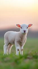 Obraz premium A Lovely White Lamb Grazing in a Lush Green Field Under a Clear Blue Sky