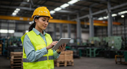 Obraz premium Engineer wearing a hard hat and safety vest works on a tablet in an advanced manufacturing facility, showcasing technology integration in industrial environments and operational efficiency