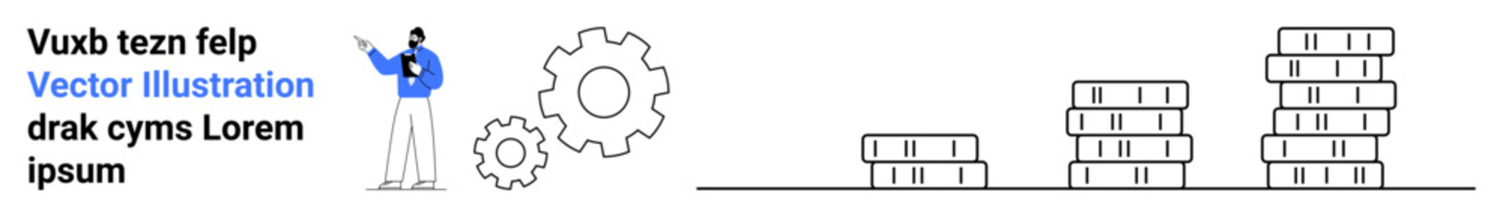 Person analyzing stacked coins with gears, symbolizing financial growth, productivity, and problem-solving. Ideal for business, finance, teamwork, investment, economics progress simple landing page