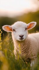 Obraz premium A Lovely White Lamb Grazing in a Lush Green Field Under a Clear Blue Sky