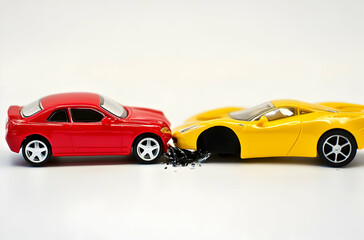 Naklejka premium Red And Yellow Toy Cars Colliding On A Light Background With Focus On Damage And Detailing Featuring A Perspective View Of The Vehicles' Impacts. The Image Also Highlights