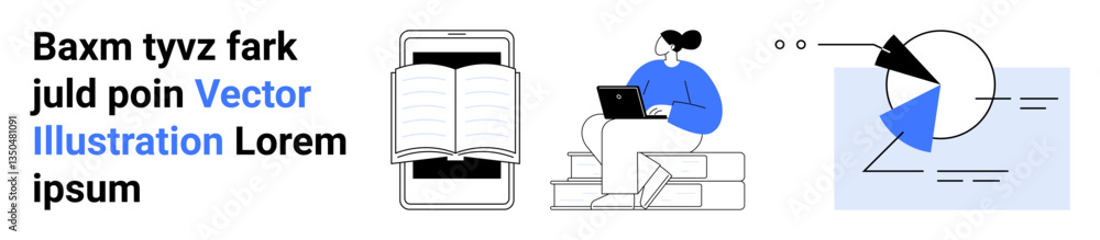 Poster open book on a smartphone, person studying with a laptop on steps, and a data analytics graph. ideal