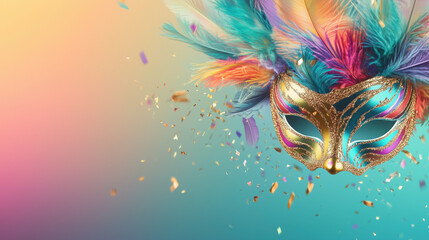 Obraz premium Elegant Carnival Masks Adorned with Colorful Feathers Against a Gradient Background of Teal, Lavender, and Gold, with Confetti Floating Gently, Offering Copy Space for Text, Cheerful and Festive