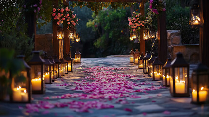 Romantic candlelit pathway with rose petals.