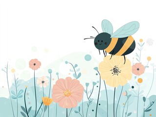 A cheerful bee pollinates beautiful flowers in a vibrant garden, illustrating nature's harmony and beauty.