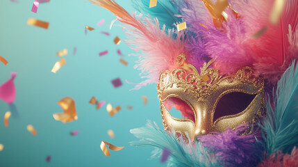 Elegant Carnival Masks Adorned with Colorful Feathers Against a Gradient Background of Teal, Lavender, and Gold, with Confetti Floating Gently, Offering Copy Space for Text, Cheerful and Festive