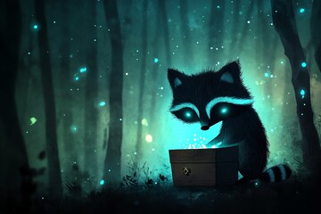 A whimsical raccoon exploring a glowing treasure in a magical forest, surrounded by enchanting green lights.
