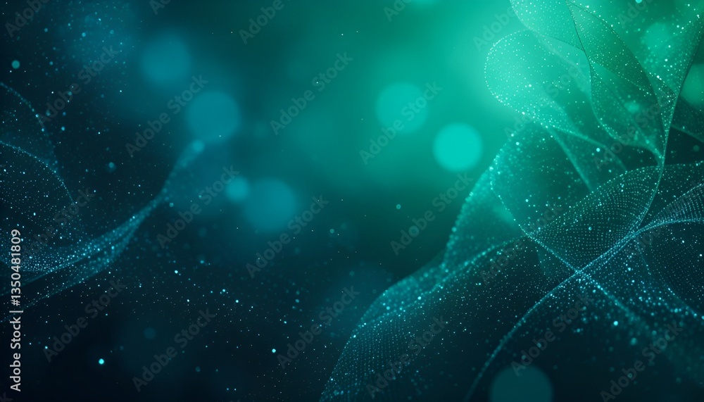 Poster abstract teal background with glowing particles forming flowing lines and bokeh circles effect desig