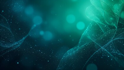 Abstract teal background with glowing particles forming flowing lines and bokeh circles effect design