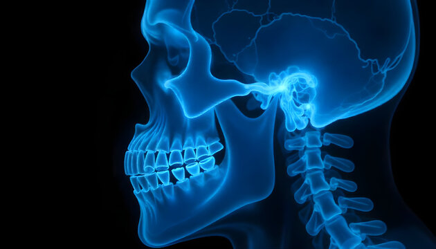 3D x-ray rendering of a human skull, neck, and upper spine with visible teeth and jaw structure.