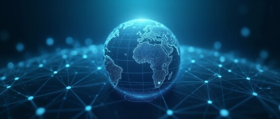 Obraz premium A glowing digital globe set against a connected network background, representing worldwide digital connectivity and global communication advancements.