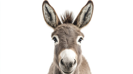 Charming donkey with perked ears and gentle eyes on white background