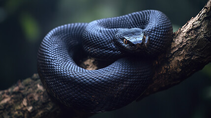 Close up of black snake coiled around tree branch, looking intense
