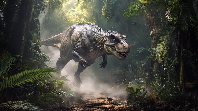 Powerful Abelisaurus stalking through a dense jungle its muscular frame moving stealthily between ancient trees Mist rises from the forest floor adding to the eerie atmosphere