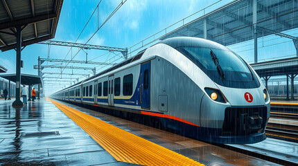Fototapeta premium High-speed futuristic train in motion, with sleek design and blurred background, showcasing modern transportation.