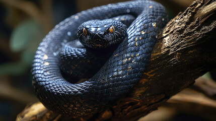 Fototapeta premium black snake coiled around tree branch, displaying its scales
