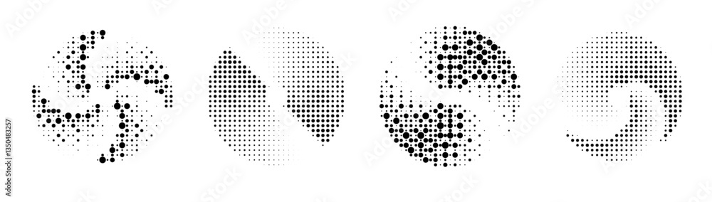 Poster series of four abstract black and white circular designs made of dot patterns, each with unique swir