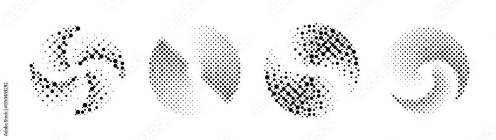 Poster series of four abstract black and white circular designs made of dot patterns, each with unique swir