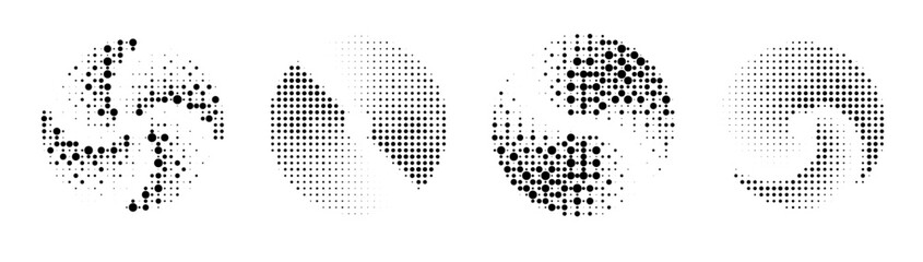 Series of four abstract black and white circular designs made of dot patterns, each with unique swirling and geometric elements on a white background, conveying a modern and minimalistic style.