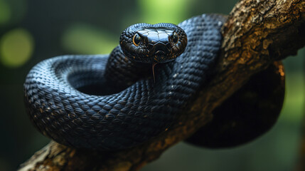 Fototapeta premium black snake coiled around tree branch, displaying its scales