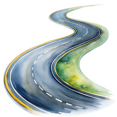 Hand-Painted Watercolor Curved Road Illustration, Isolated on Transparent Background, Scenic Winding Path Clipart for Maps, Designs, and Artwork