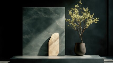 Minimalist display featuring a dark teal marble surface, a light beige wooden block, and a potted plant, bathed in soft sunlight
