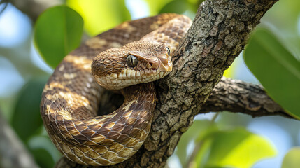 Obraz premium Close up of brown snake coiled around tree branch