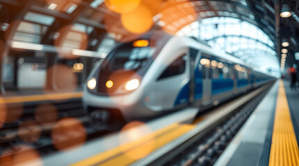 Obraz premium Train, station, platform, modern, sleek, silver, blue, red, yellow, stripes, logo, Salt, transportation, railway, tracks, sunny, day, clear, sky, electric, wires, overhead, canopy, shadows, concrete, 