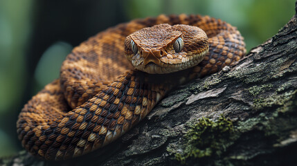 Obraz premium Close up of brown snake coiled on tree branch, looking alert