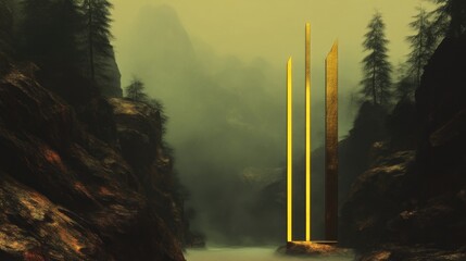 Misty mountain pass, golden pillars