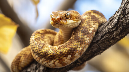Obraz premium Close up of brown snake coiled around tree branch
