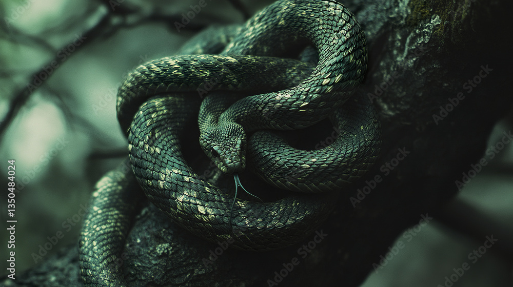 Poster coiled green snake rests on tree branch in forest setting