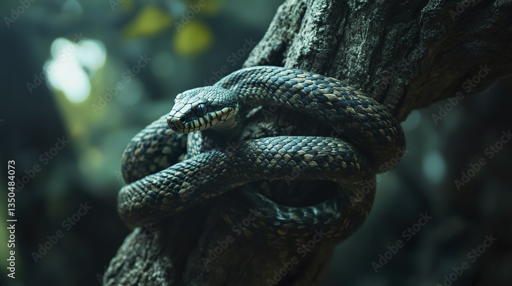 Poster coiled snake wrapped around tree branch in forest setting