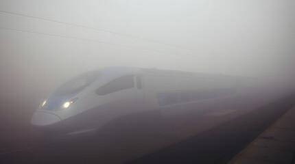 Fototapeta premium Blurred image of a modern train at a bustling station, capturing the motion of urban commuting.