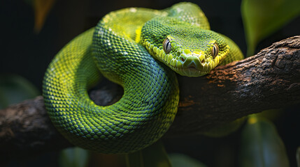Fototapeta premium vibrant green snake coiled around tree branch