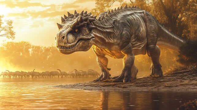 Powerful Achelousaurus standing near prehistoric riverbank thick bossed skull giving unique and intimidating look The golden light of dusk reflects off the water as the dinosaur watches over its herd