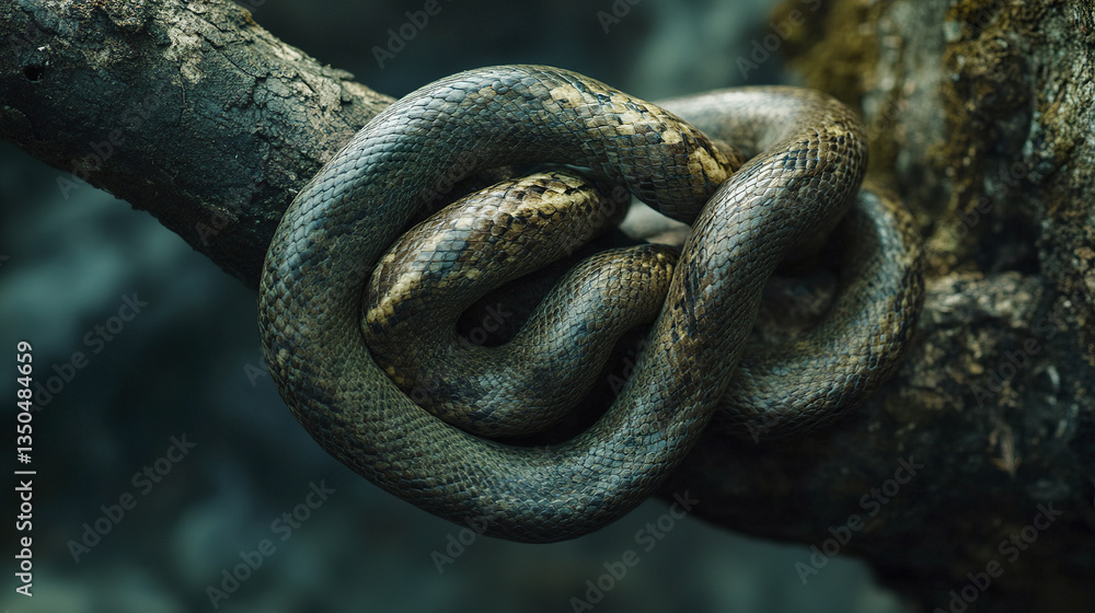 Poster Coiled snake resting on tree branch in natural setting