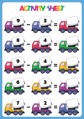 Math Worksheet educational how many activities for children. Learning Subtraction. Preschool printable worksheet activity, count and write the result. First grade worksheets. Teacher resourc