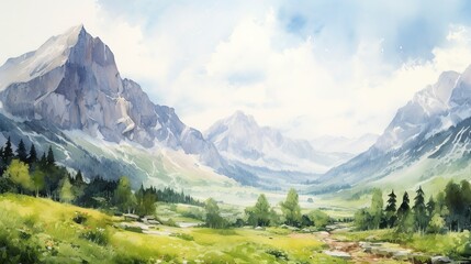 A photo of a mountain landscape watercolor painting