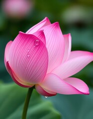 Delicate pink lotus petal, dewdrop clinging; veins visible, relaxation, botanical, fresh