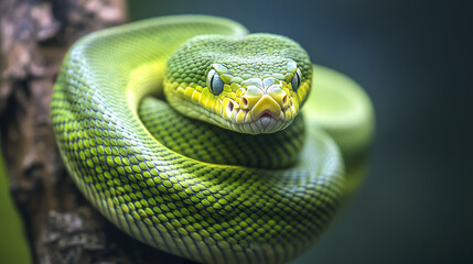 Fototapeta premium Close up of green snake coiled around tree branch