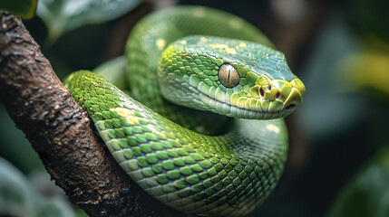 Fototapeta premium Close up of green snake coiled around tree branch