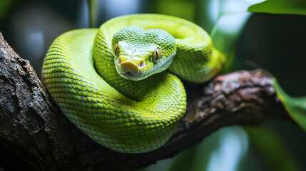 Obraz premium Close up of green snake coiled on tree branch
