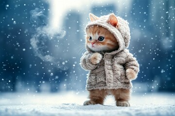 Problem of animal suffering. Social marketing - animal care. Sad cute baby cat selkirk rex in winter warm clothes, visible breath from nose and mouth in cold atmosphere. Winter cat coat.