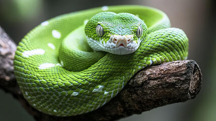 Fototapeta premium Close up of green snake coiled on tree branch, looking alert