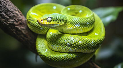 Fototapeta premium vibrant green snake coiled around tree branch in natural setting