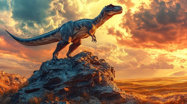 Powerful Albertosaurus standing atop rocky outcrop scanning open plains prey sky behind glows with the rich colors of an impending storm as its muscular frame casts a long shadow over the valley below