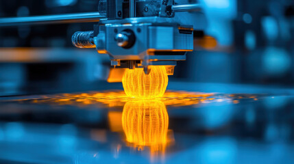 A 3D printer printing a glowing, abstract object on a blue surface with reflections, surrounded by a blurry industrial setting.