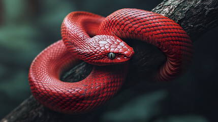 vibrant red snake coiled around tree branch in forest setting