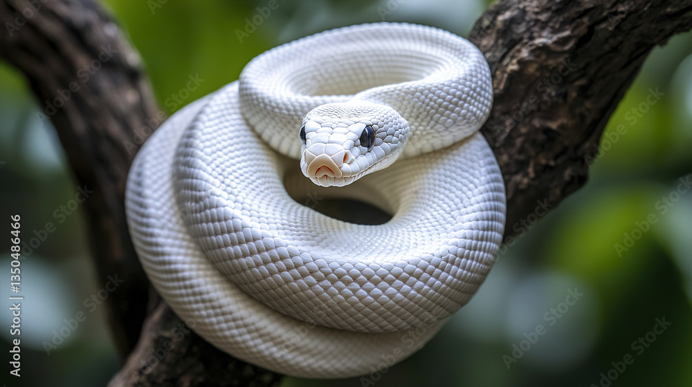 Poster white snake coiled on tree branch in natural setting